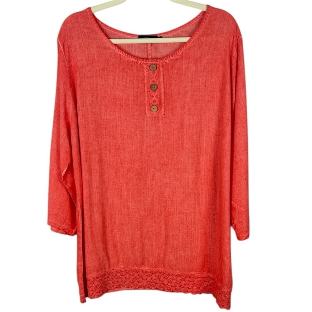Goa Chic Linen Blend Coral Lace Hem Button-Detail Roll-up Sleeve Top Size Medium